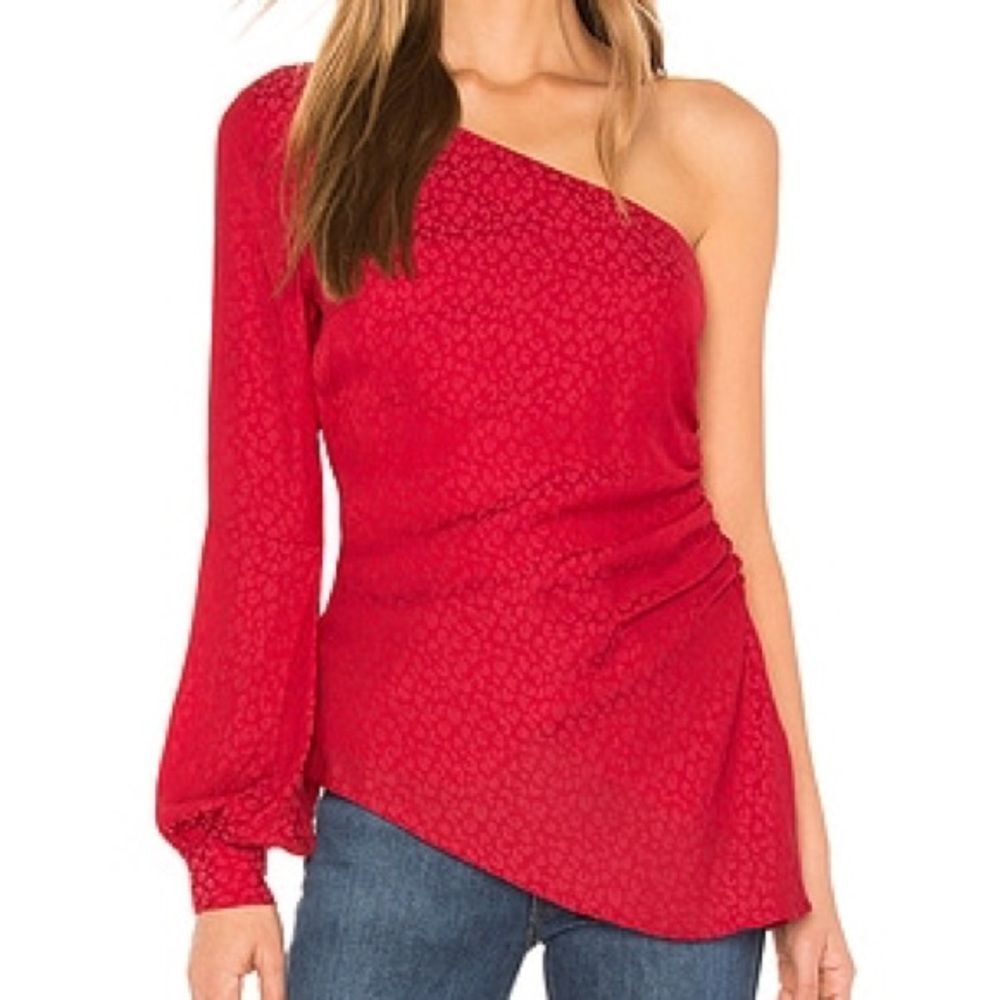 L’Academie | The Senna Bouse one arm off the shoulder animal print red lava
